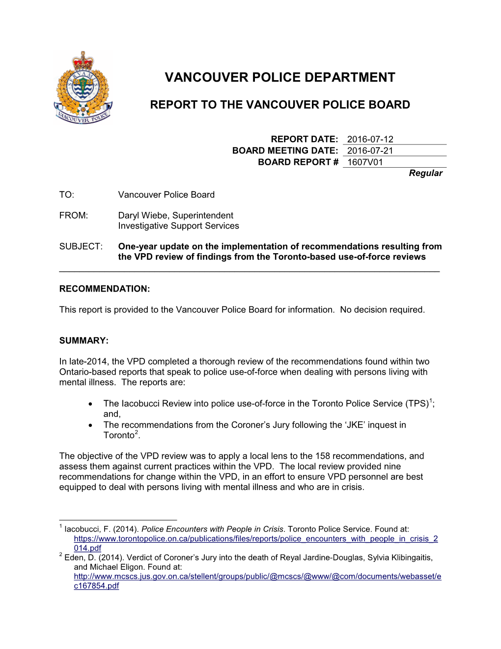 VPD Use of Force Review