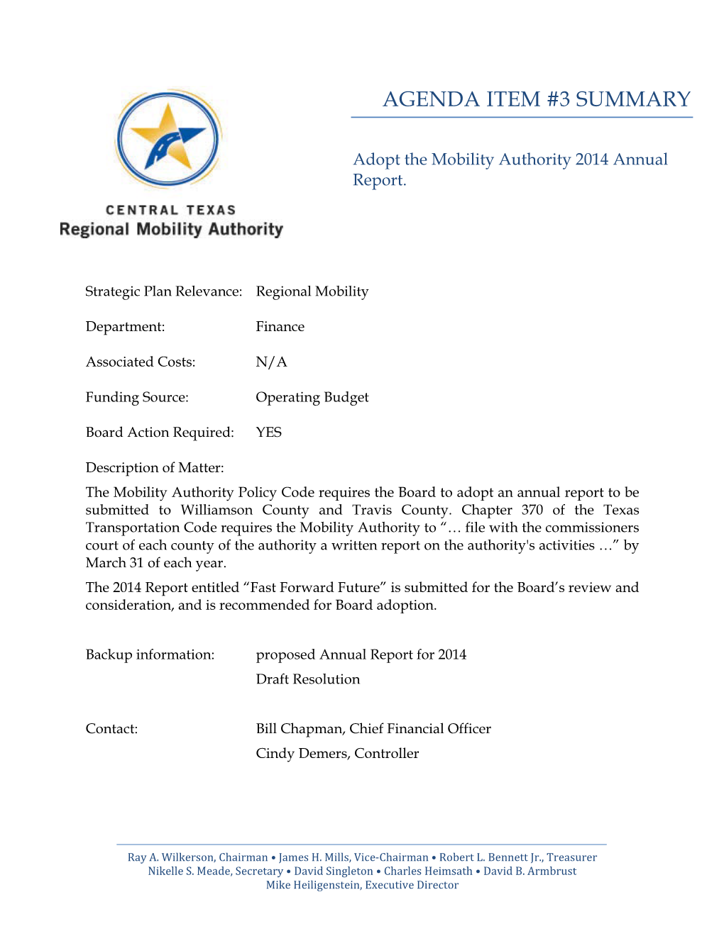 Adopt the Mobility Authority 2014 Annual Report