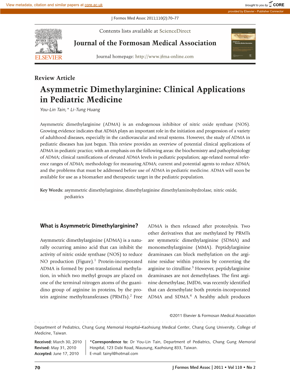 Asymmetric Dimethylarginine: Clinical Applications in Pediatric Medicine