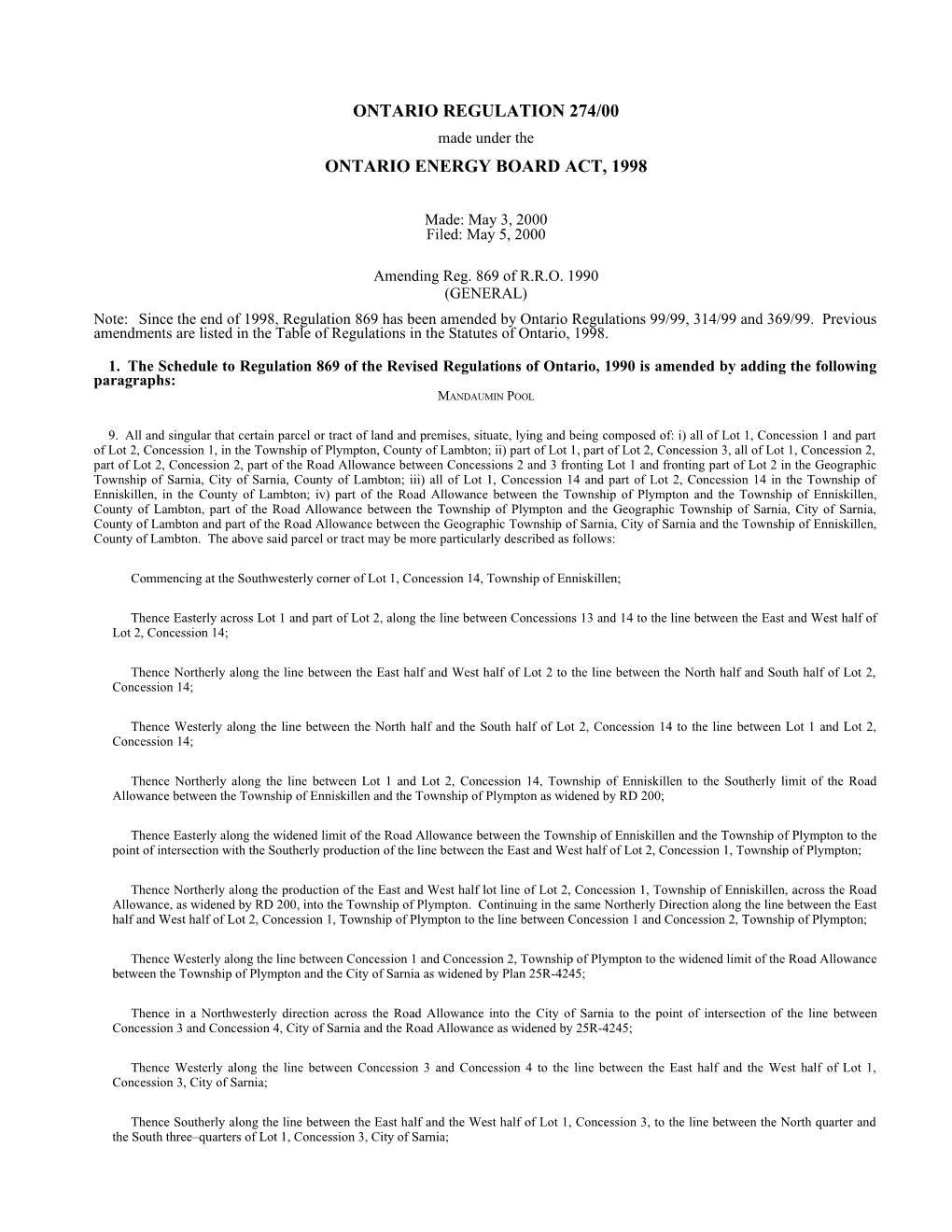 ONTARIO ENERGY BOARD ACT, 1998 - O. Reg. 274/00