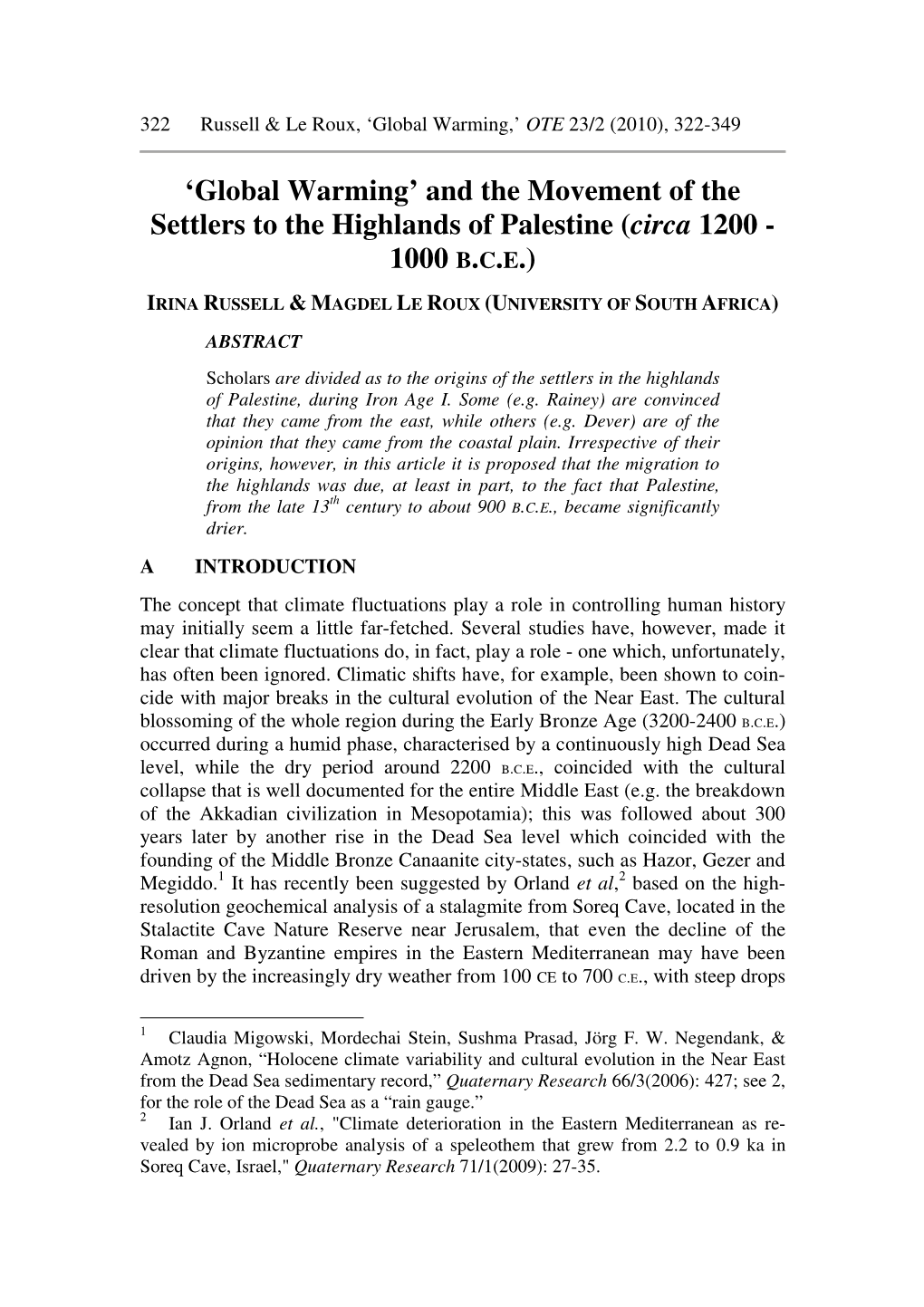 'Global Warming' and the Movement of the Settlers to the Highlands of Palestine (Circa 1200