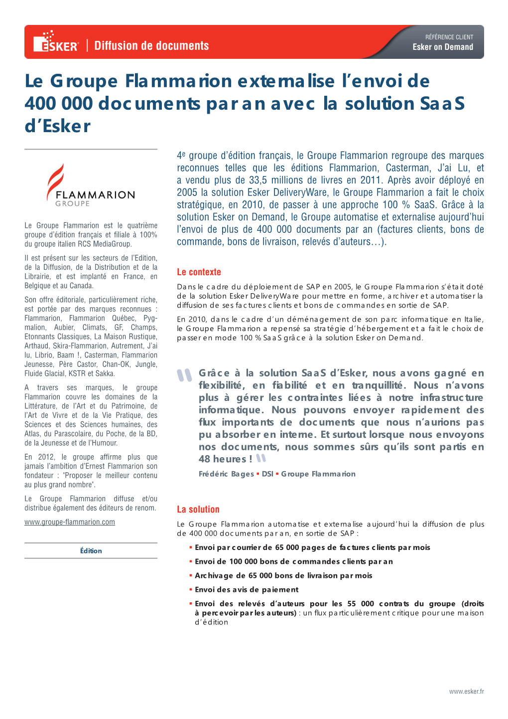 Le Groupe Flammarion Externalise L'envoi De 400 000 Documents Par an Avec La Solution Saas D'esker