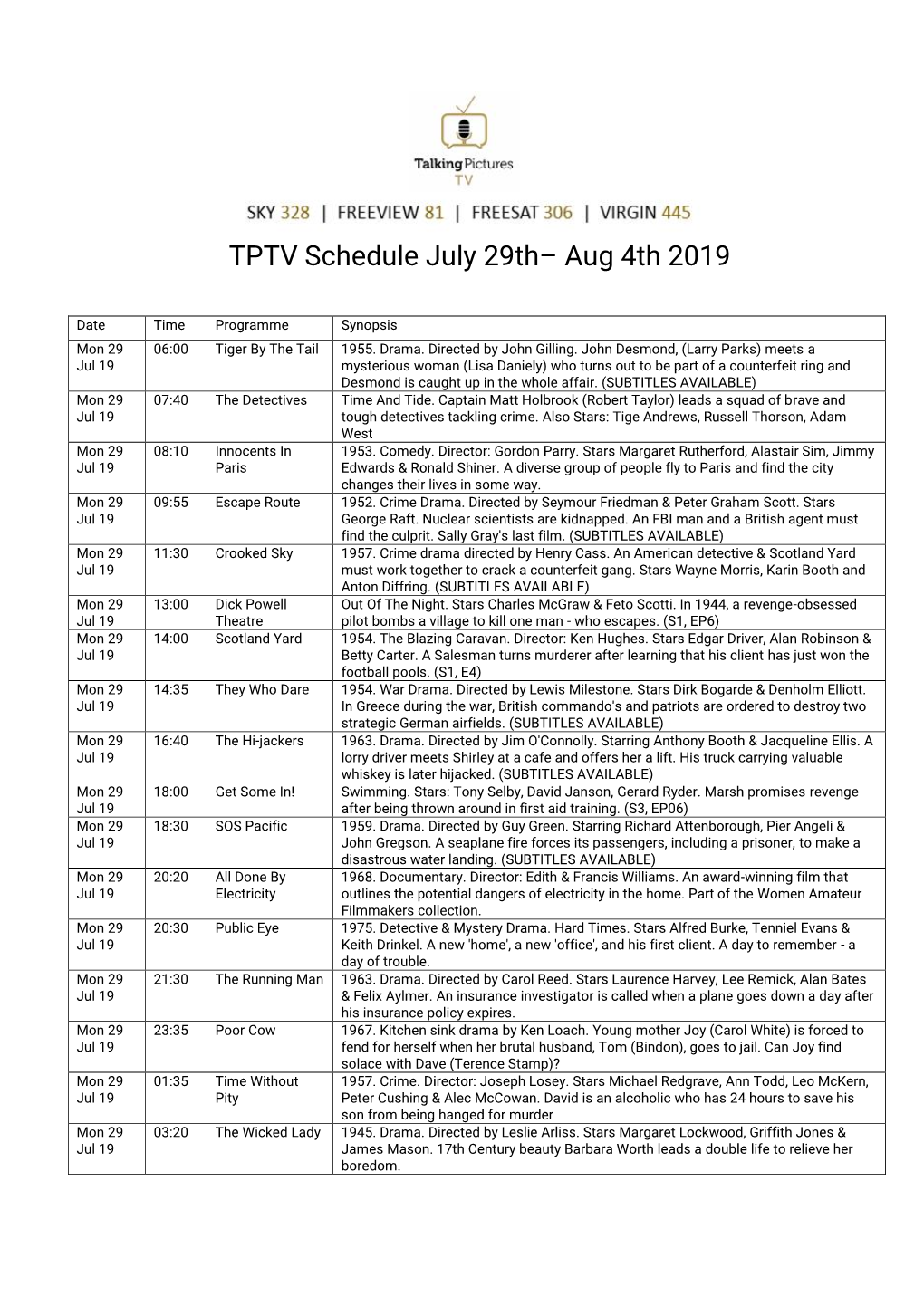 TPTV Schedule July 29Th– Aug 4Th 2019