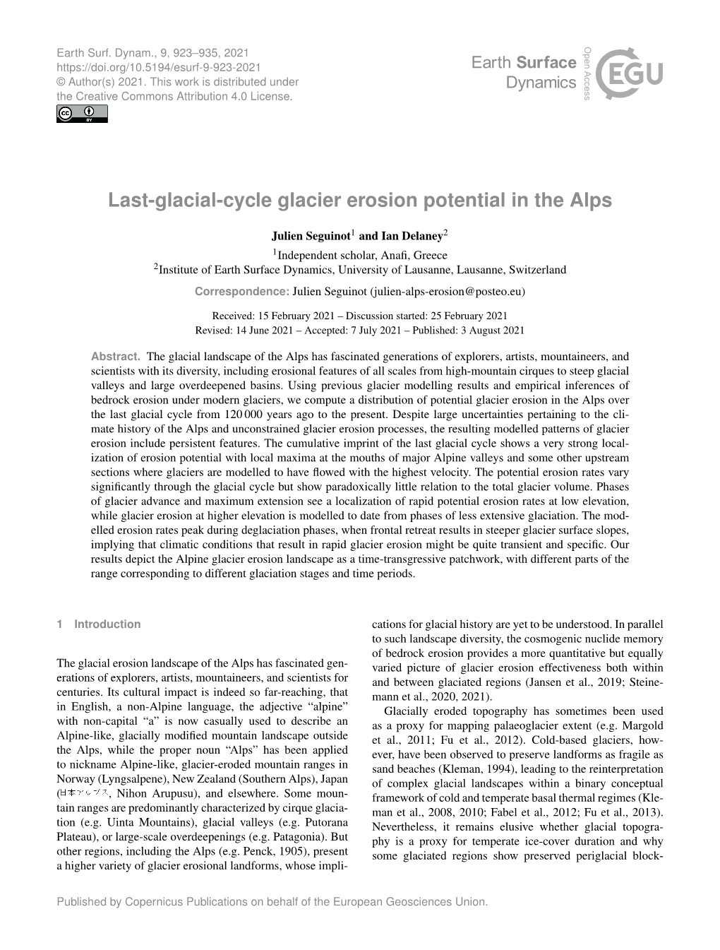 Last-Glacial-Cycle Glacier Erosion Potential in the Alps