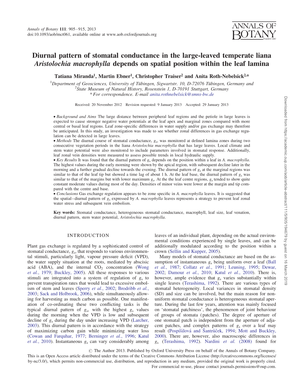 Diurnal Pattern of Stomatal Conductance in the Large-Leaved Temperate Liana Aristolochia Macrophylla Depends on Spatial Position Within the Leaf Lamina