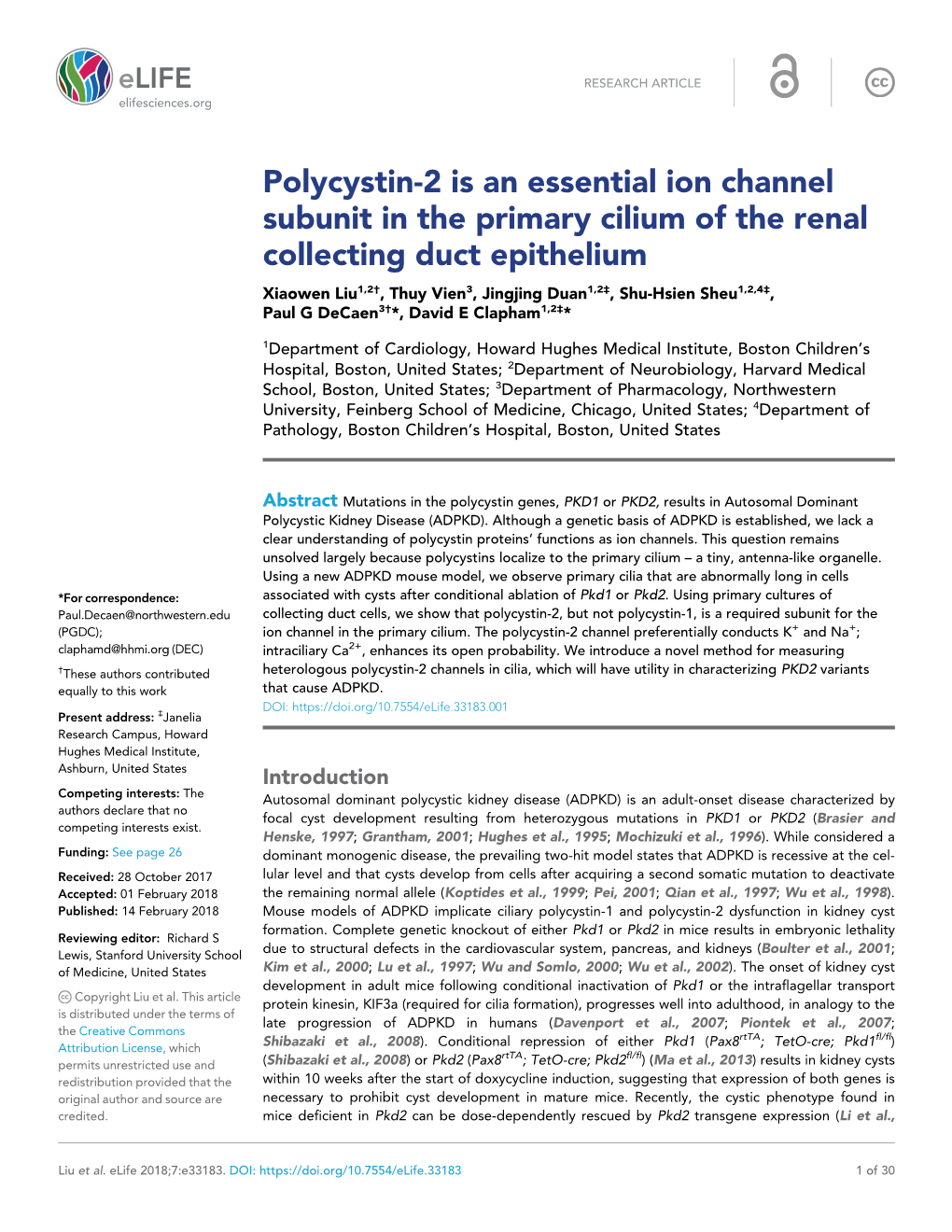 Polycystin-2 Is an Essential Ion Channel Subunit in the Primary Cilium of the Renal Collecting Duct Epithelium