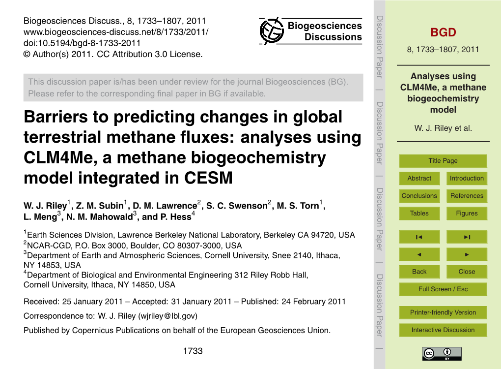 Analyses Using Clm4me, a Methane Biogeochemistry Model