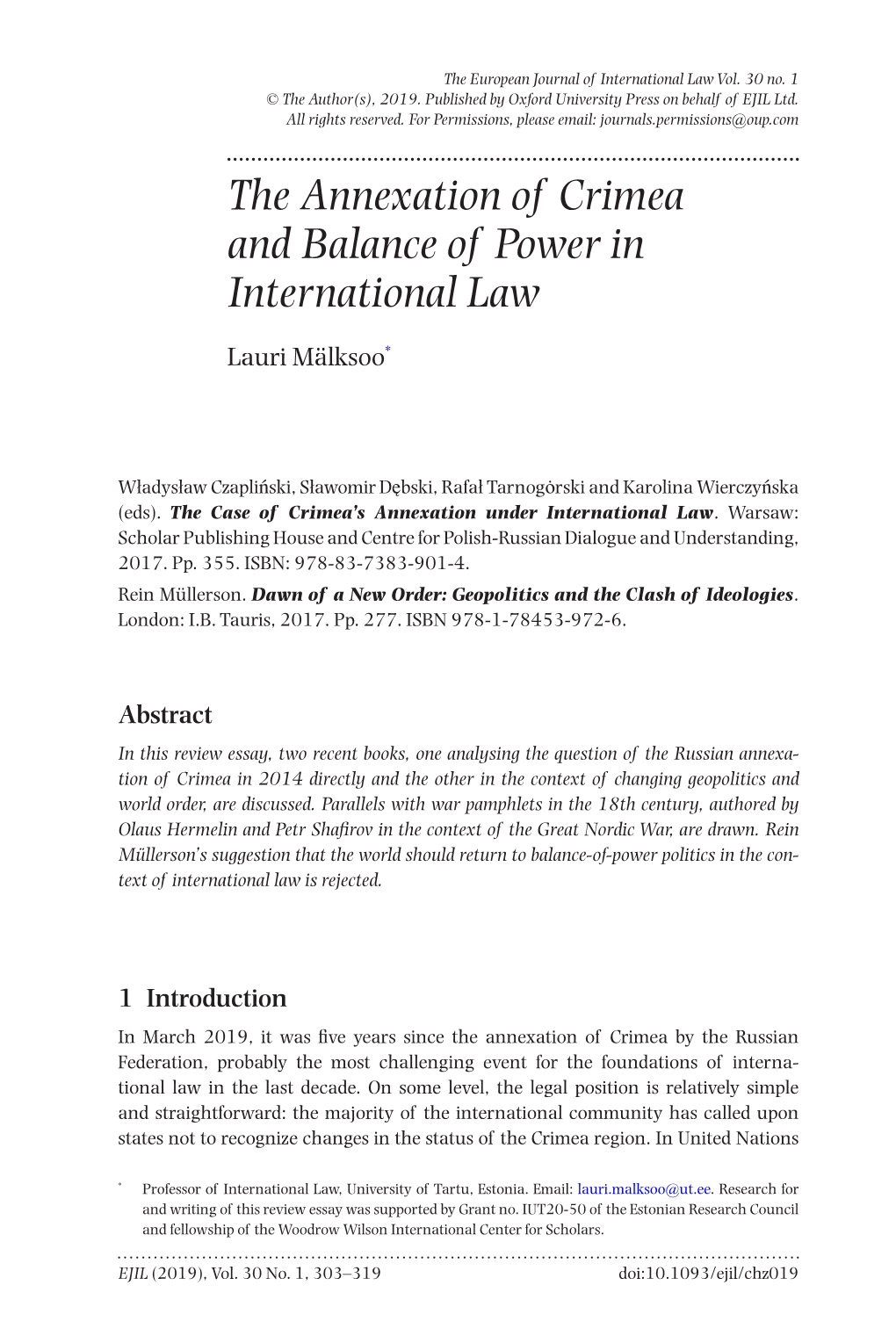 The Annexation of Crimea and Balance of Power in International Law