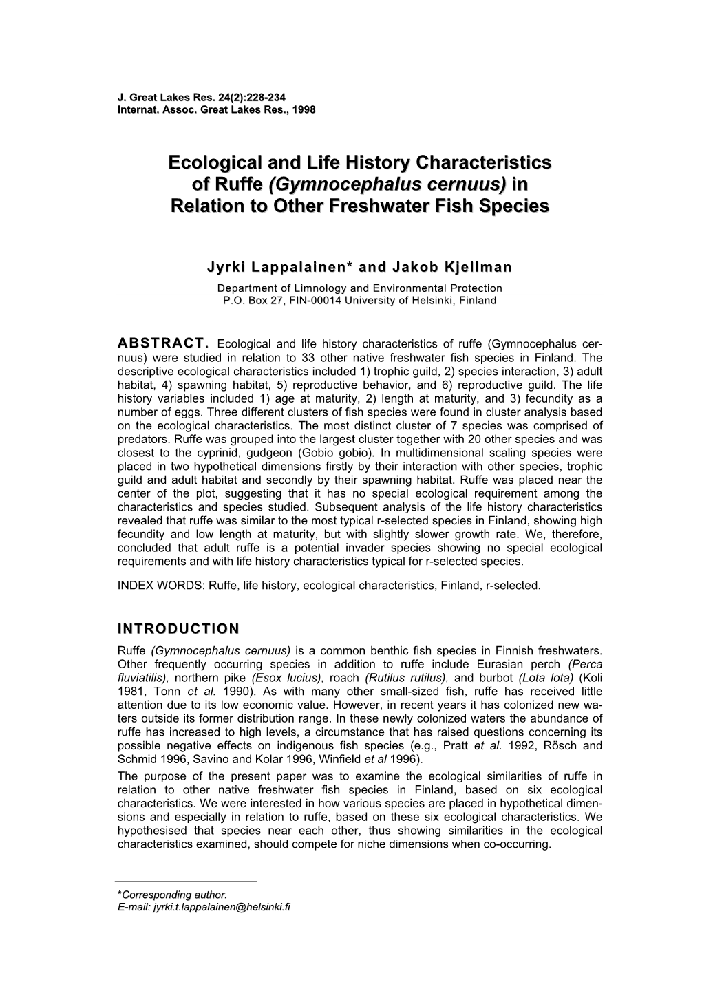 Ecological and Life History Characteristics of Ruffe (Gymnocephalus Cernuus) in Relation to Other Freshwater Fish Species