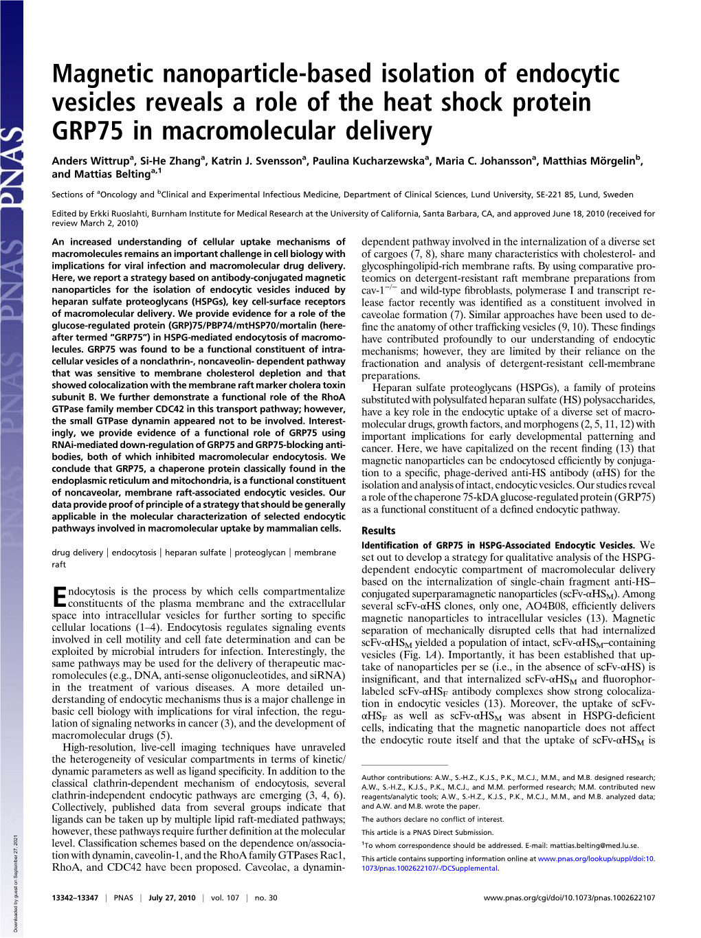 Magnetic Nanoparticle-Based Isolation of Endocytic Vesicles Reveals a Role of the Heat Shock Protein GRP75 in Macromolecular Delivery