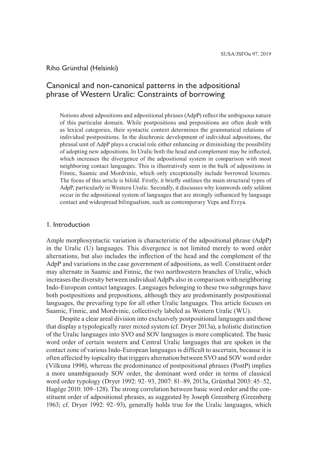 Canonical and Non-Canonical Patterns in the Adpositional Phrase of Western Uralic: Constraints of Borrowing