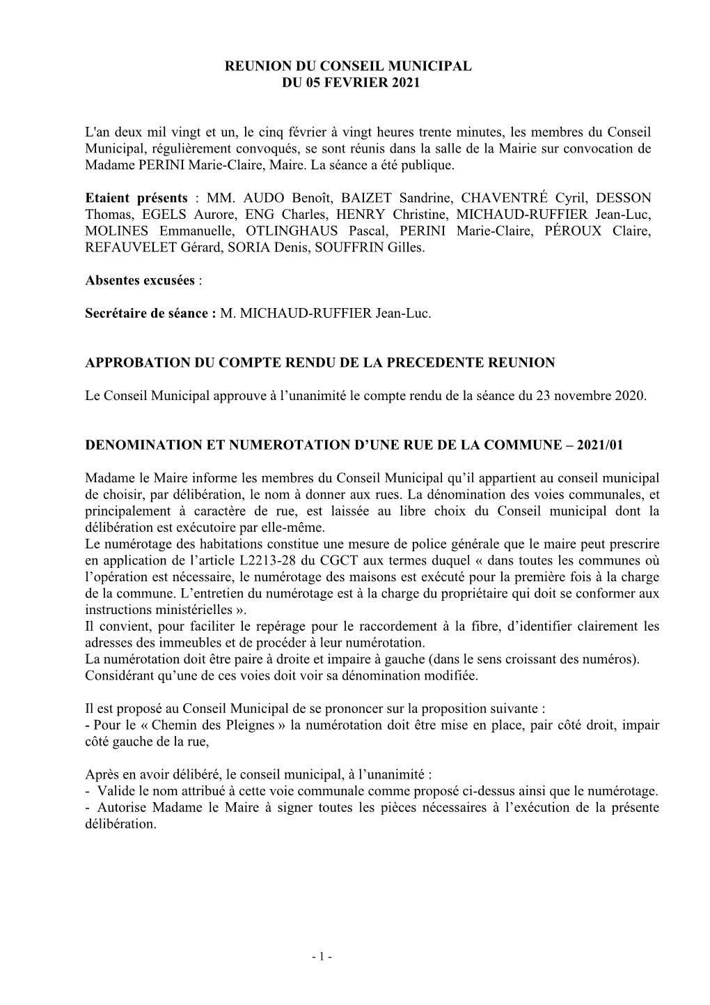 Reunion Du Conseil Municipal Du 05 Fevrier 2021