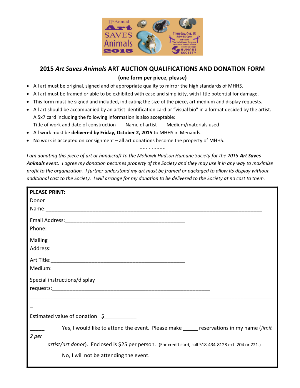 2015 Art Saves Animals ART AUCTION QUALIFICATIONS and DONATION FORM