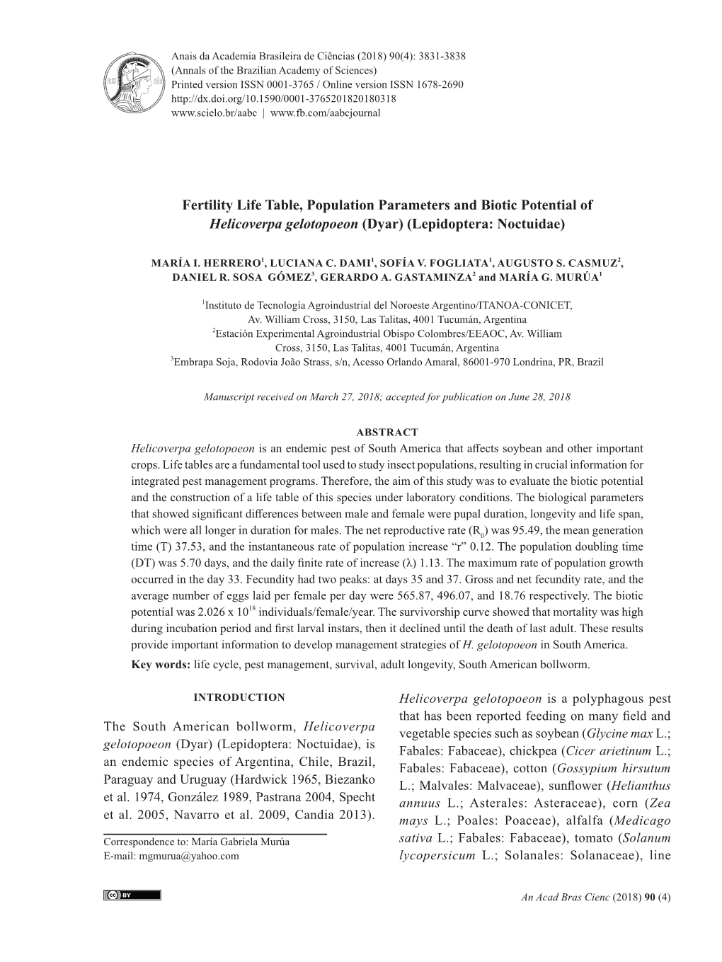 Fertility Life Table, Population Parameters and Biotic Potential of Helicoverpa Gelotopoeon (Dyar) (Lepidoptera: Noctuidae)