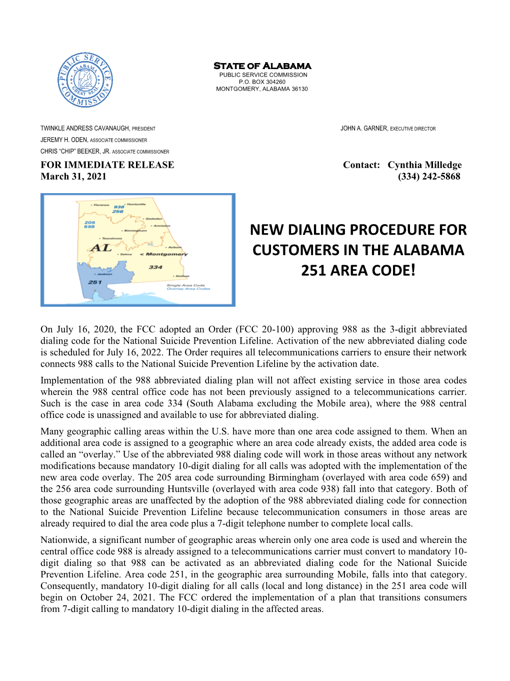 State of Alabama Public Service Commission P.O