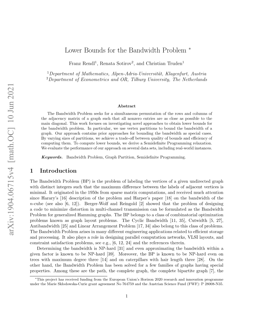 Lower Bounds for the Bandwidth Problem ∗