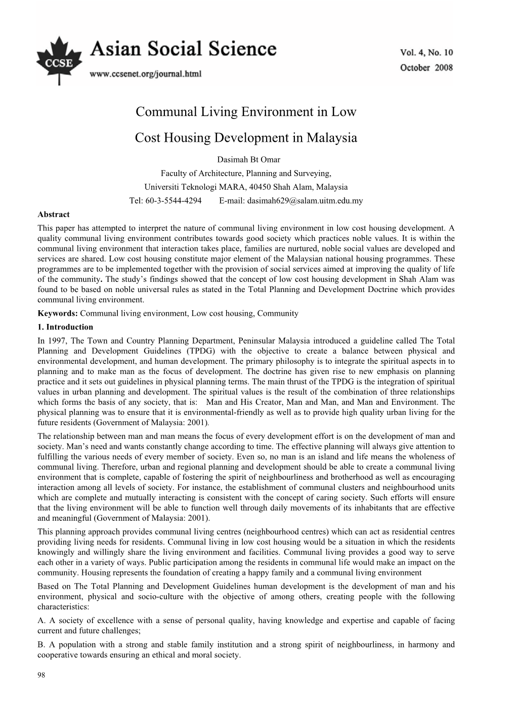 Communal Living Environment in Low Cost Housing Development in Malaysia