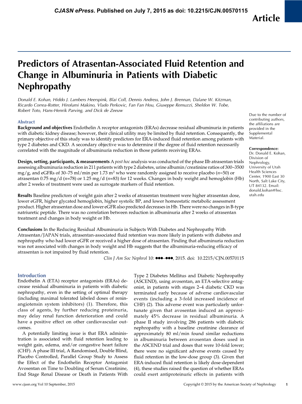 Article Predictors of Atrasentan-Associated Fluid