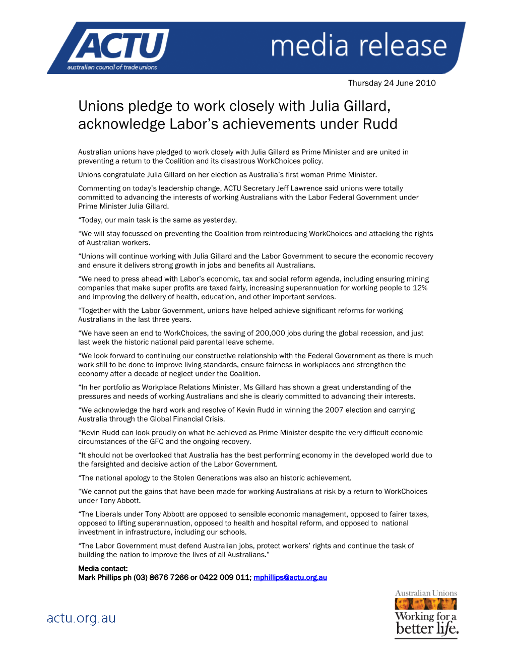 Unions Pledge to Work Closely with Julia Gillard, Acknowledge Labor's Achievements Under Rudd
