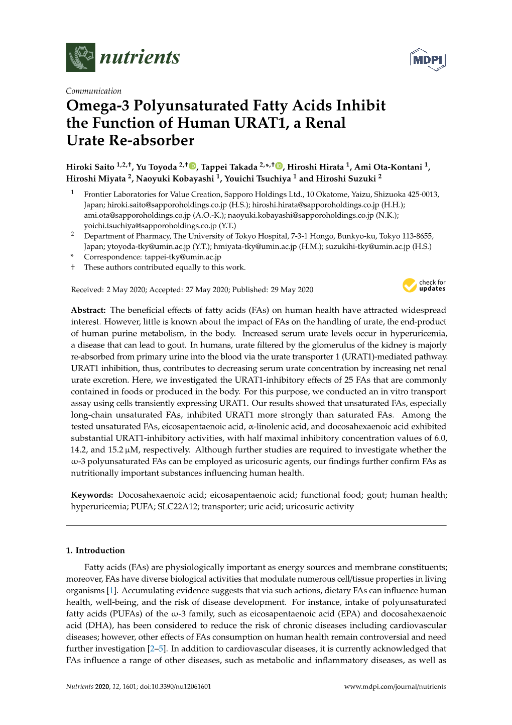 Omega-3 Polyunsaturated Fatty Acids Inhibit the Function of Human URAT1, a Renal Urate Re-Absorber