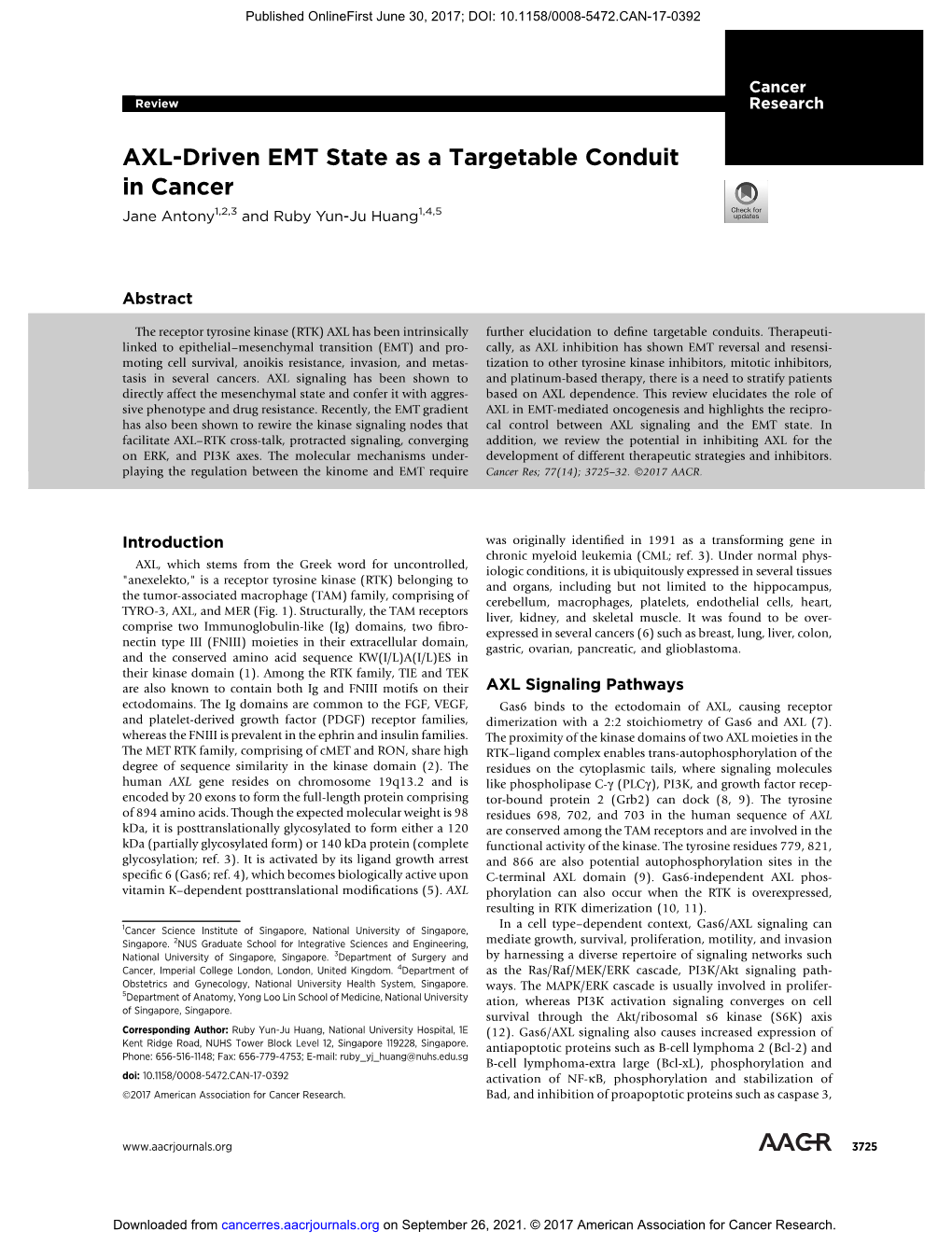 AXL-Driven EMT State As a Targetable Conduit in Cancer Jane Antony1,2,3 and Ruby Yun-Ju Huang1,4,5