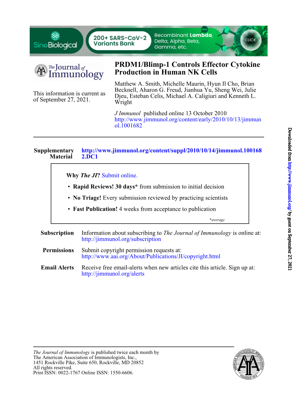 Production in Human NK Cells PRDM1/Blimp-1 Controls Effector