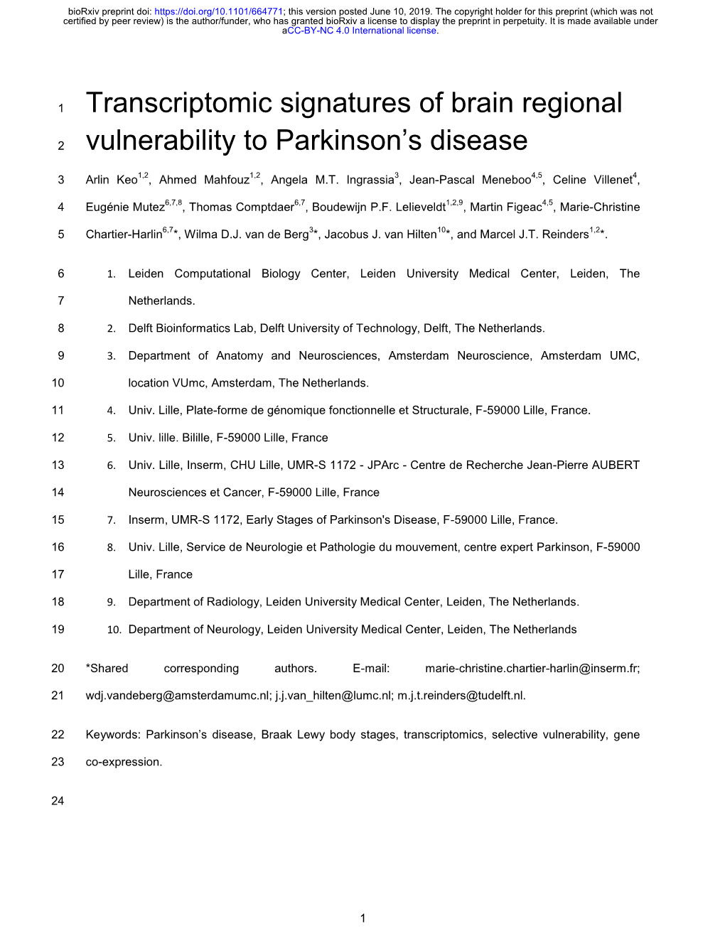 Transcriptomic Signatures of Brain Regional Vulnerability to Parkinson's