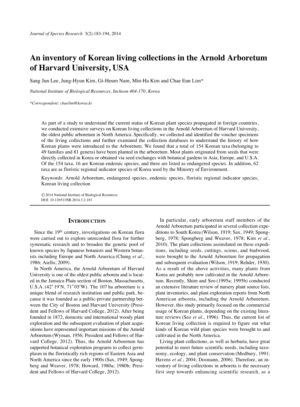 An Inventory of Korean Living Collections in the Arnold Arboretum of Harvard University, USA