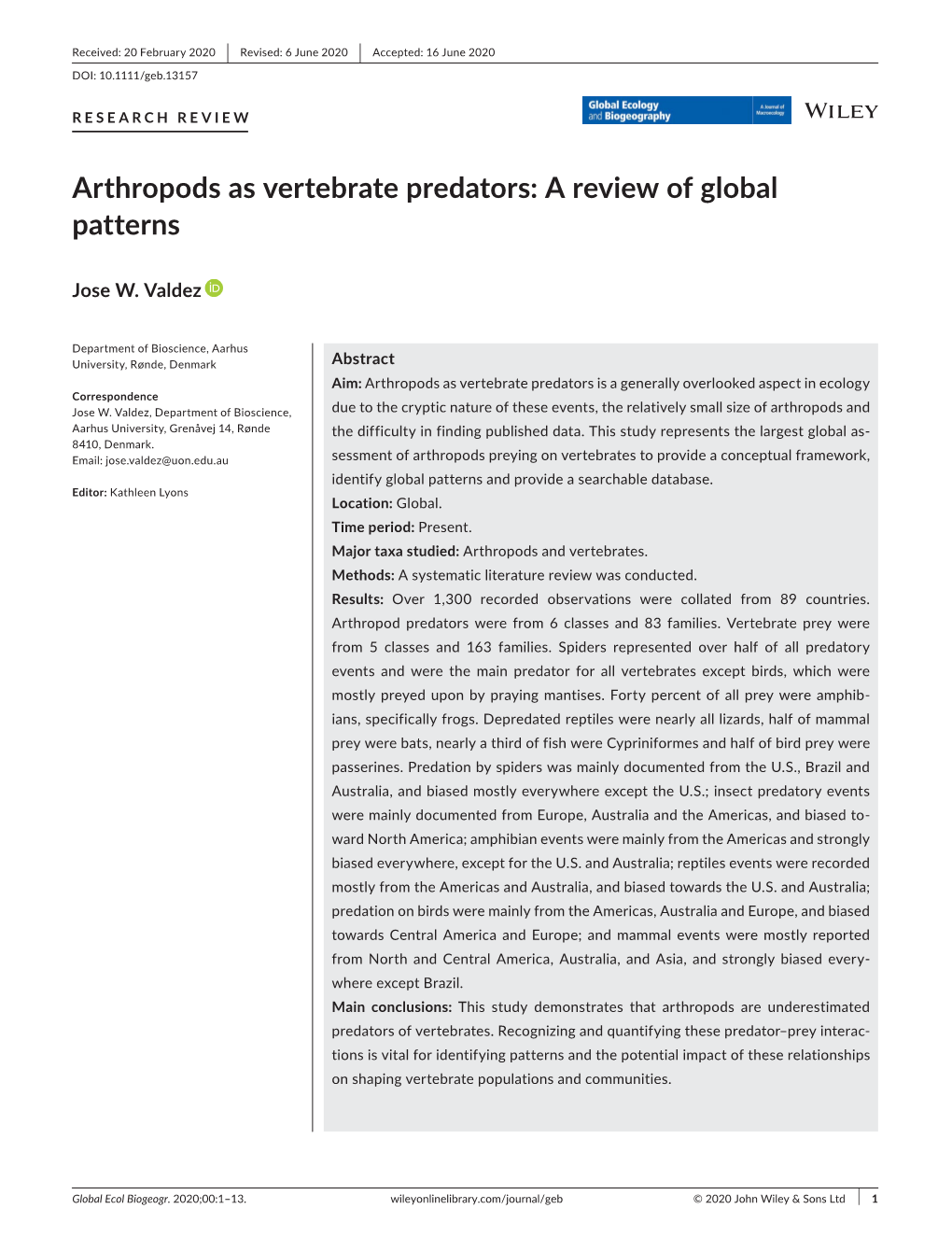 Arthropods As Vertebrate Predators: a Review of Global Patterns