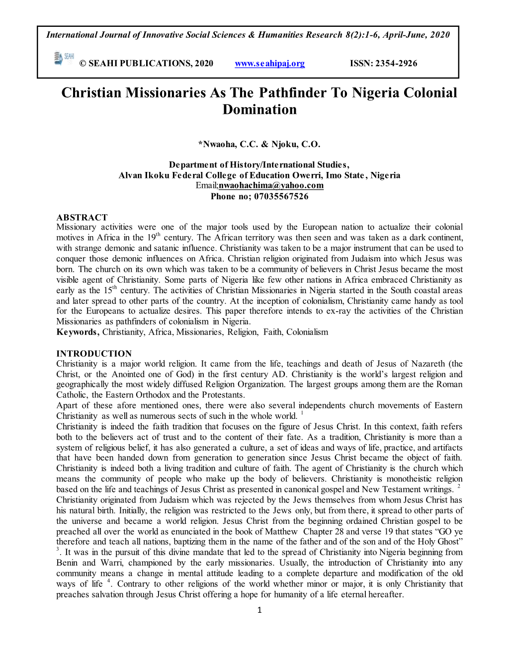 Christian Missionaries As the Pathfinder to Nigeria Colonial Domination