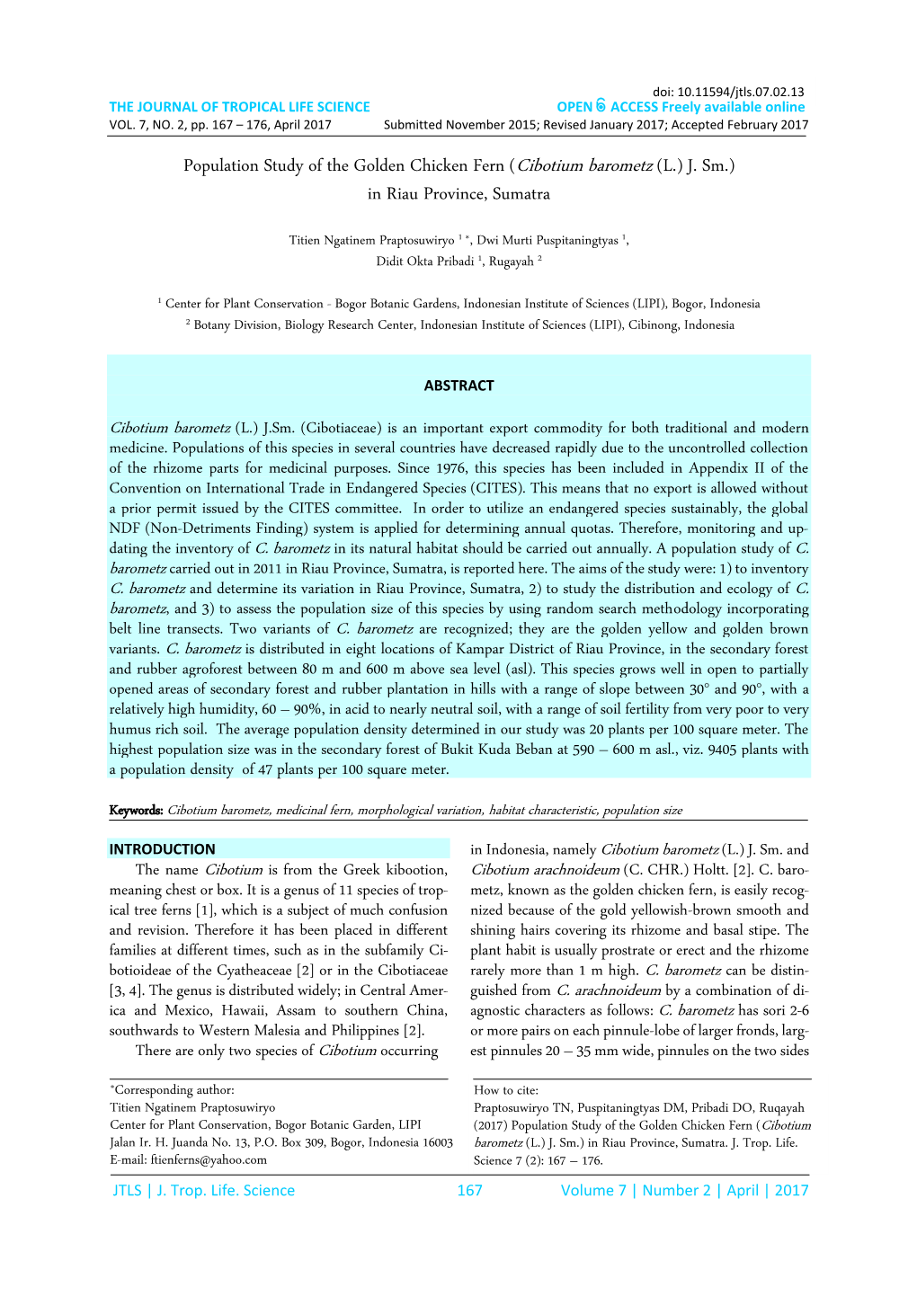 Population Study of the Golden Chicken Fern (Cibotium Barometz (L.) J. Sm.) in Riau Province, Sumatra