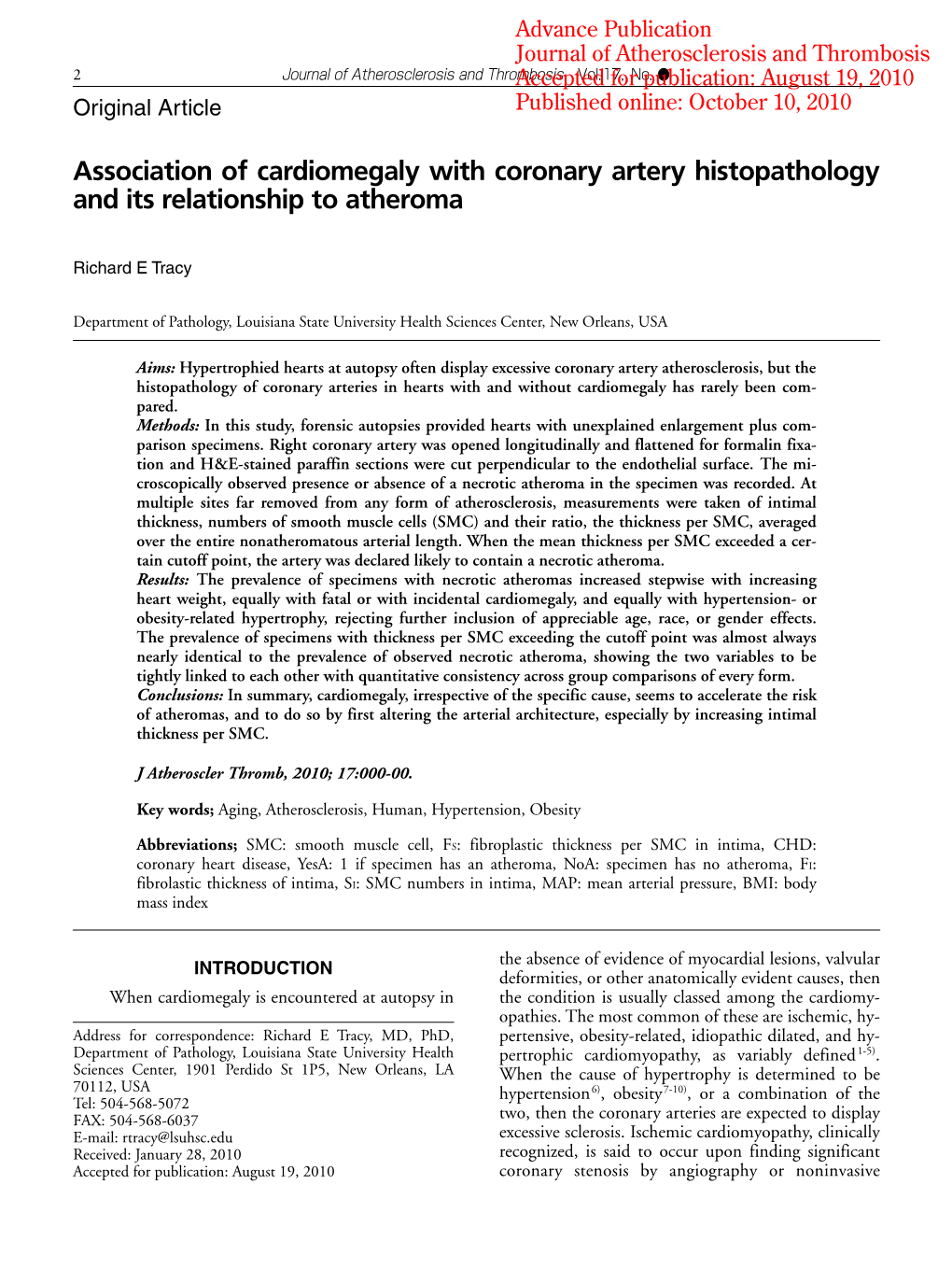 Association of Cardiomegaly with Coronary Artery Histopathology and Its Relationship to Atheroma