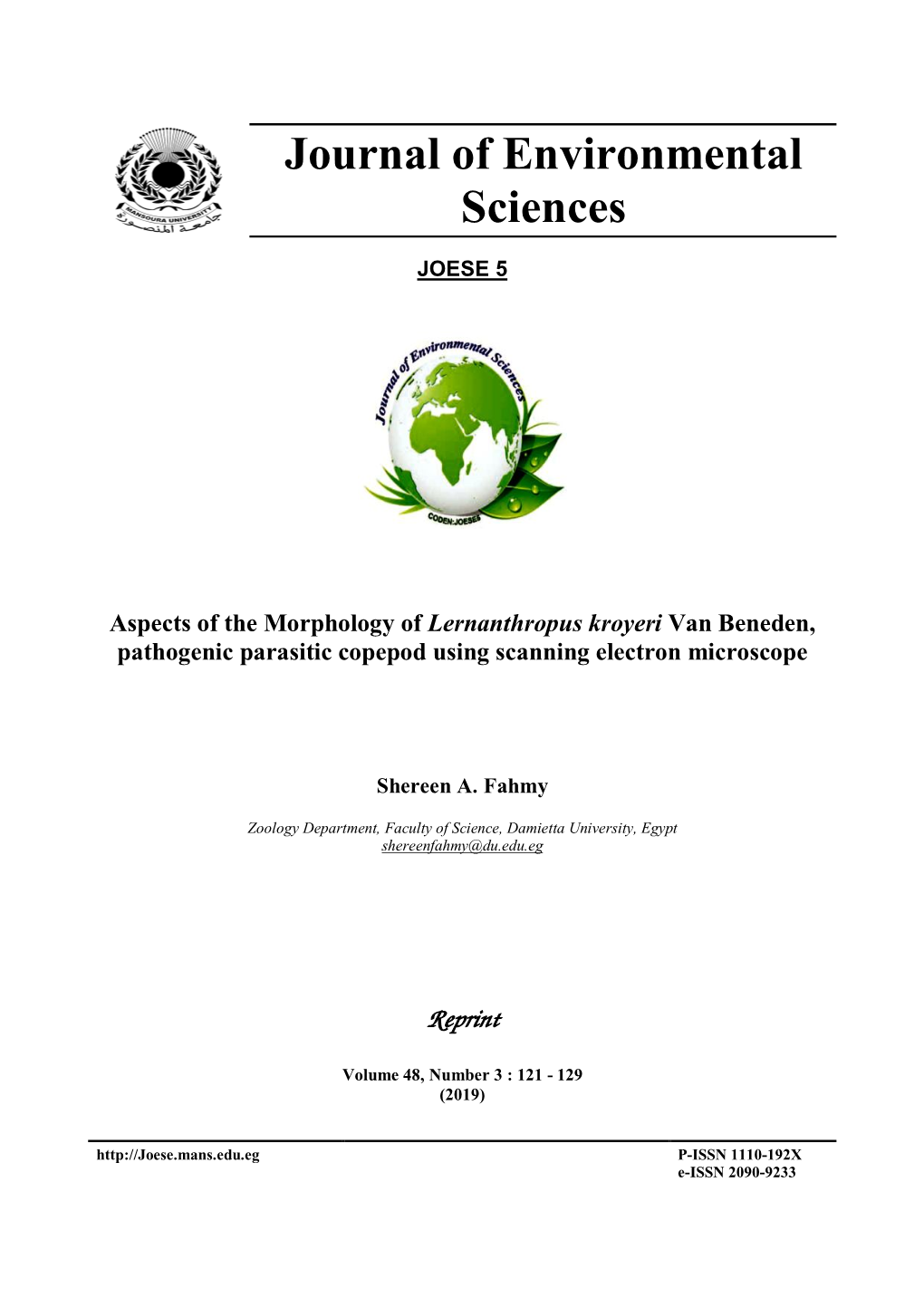 Aspects of the Morphology of Lernanthropus Kroyeri Van Beneden, Pathogenic Parasitic Copepod Using Scanning Electron Microscope