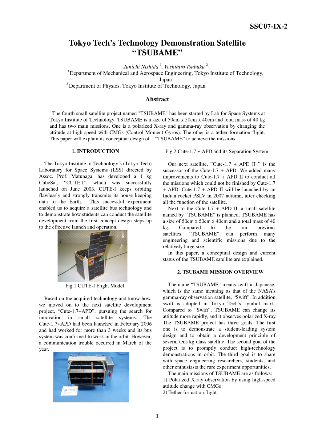 Tokyo Tech's Technology Demonstration Satellite “TSUBAME”