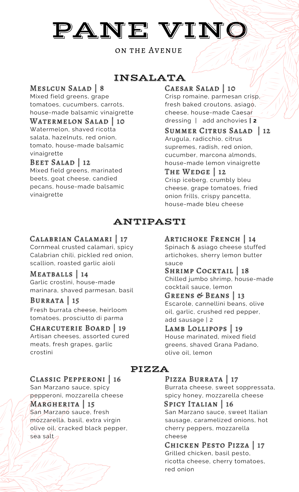 2021 Summer Avenue Menu