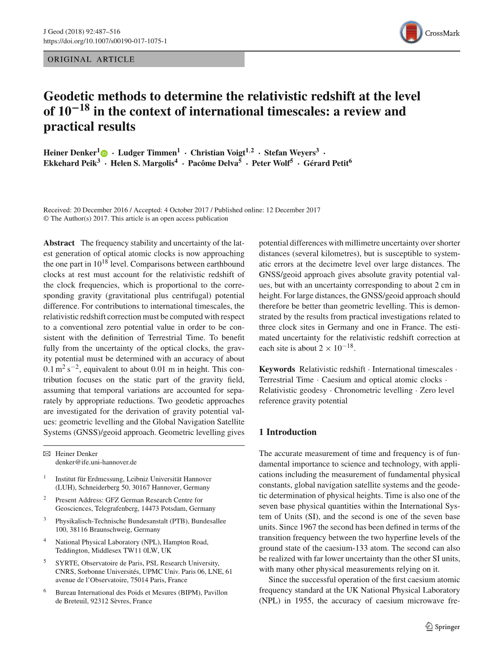 Geodetic Methods to Determine the Relativistic Redshift at the Level of 10−18 in the Context of International Timescales: a Review and Practical Results