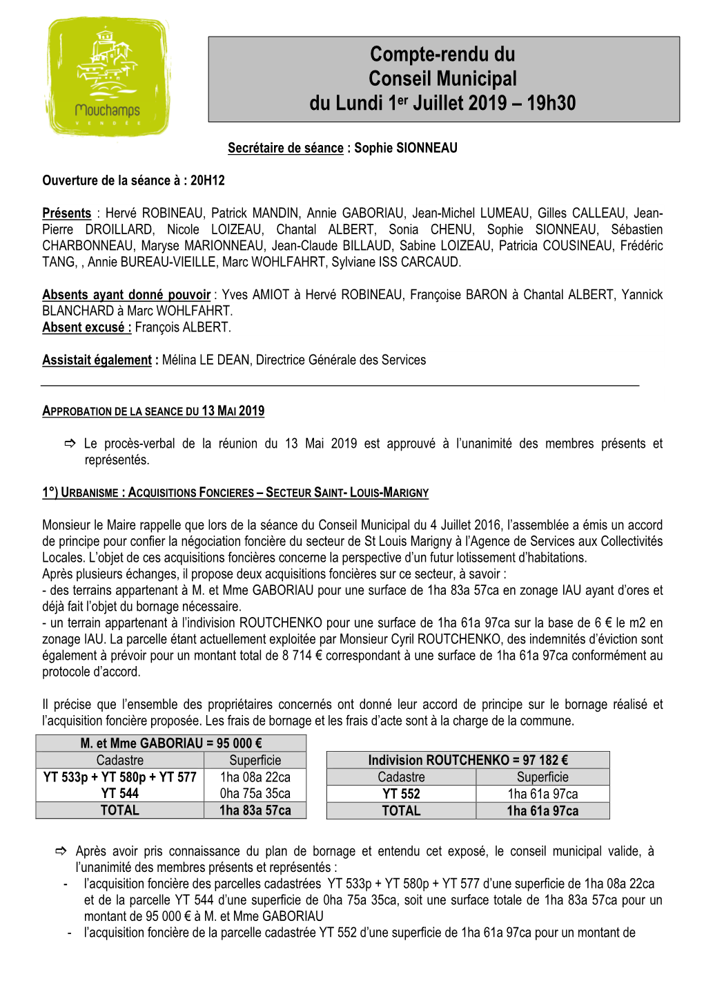 Compte-Rendu Du Conseil Municipal Du Lundi 1Er Juillet 2019