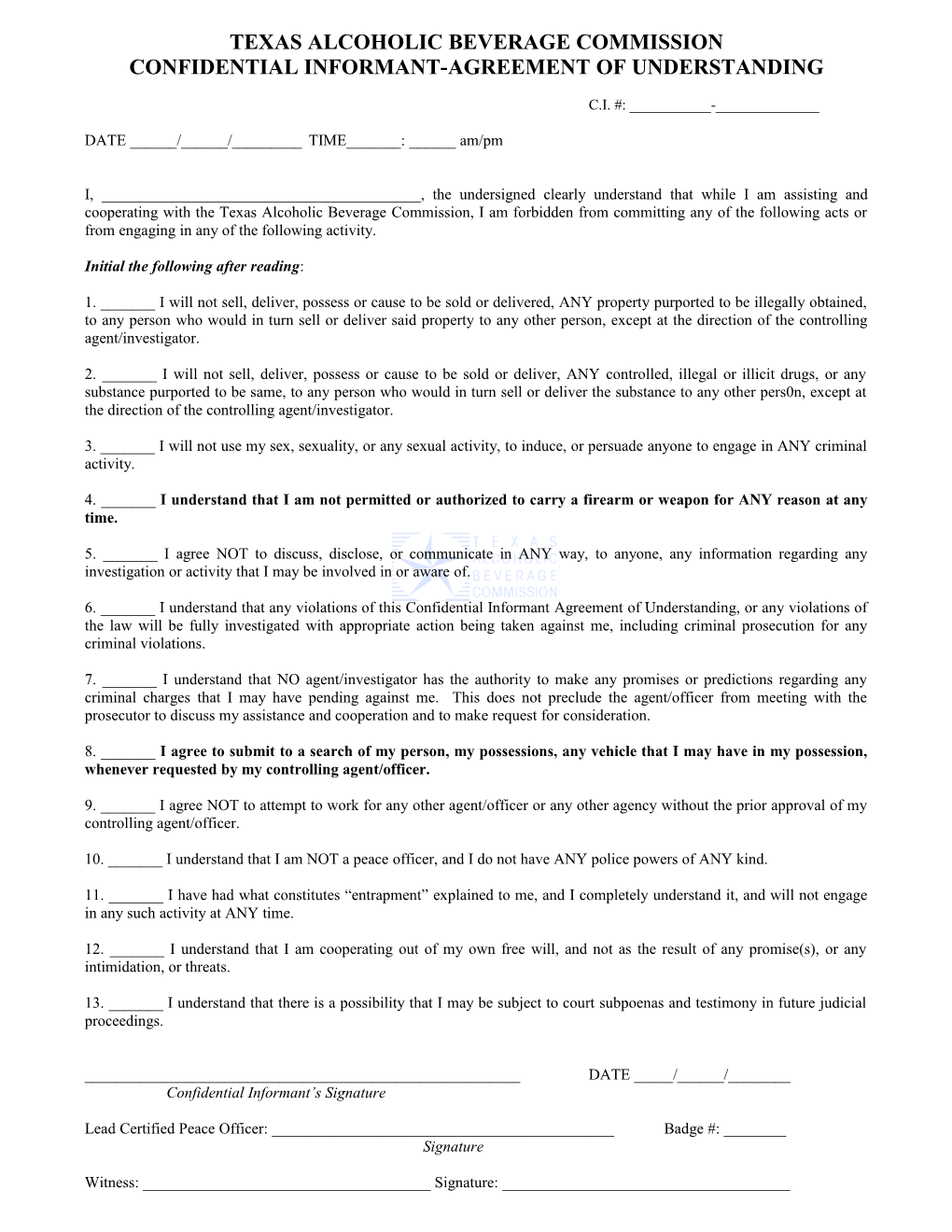 Confidential Informant-Agreement Of Understanding