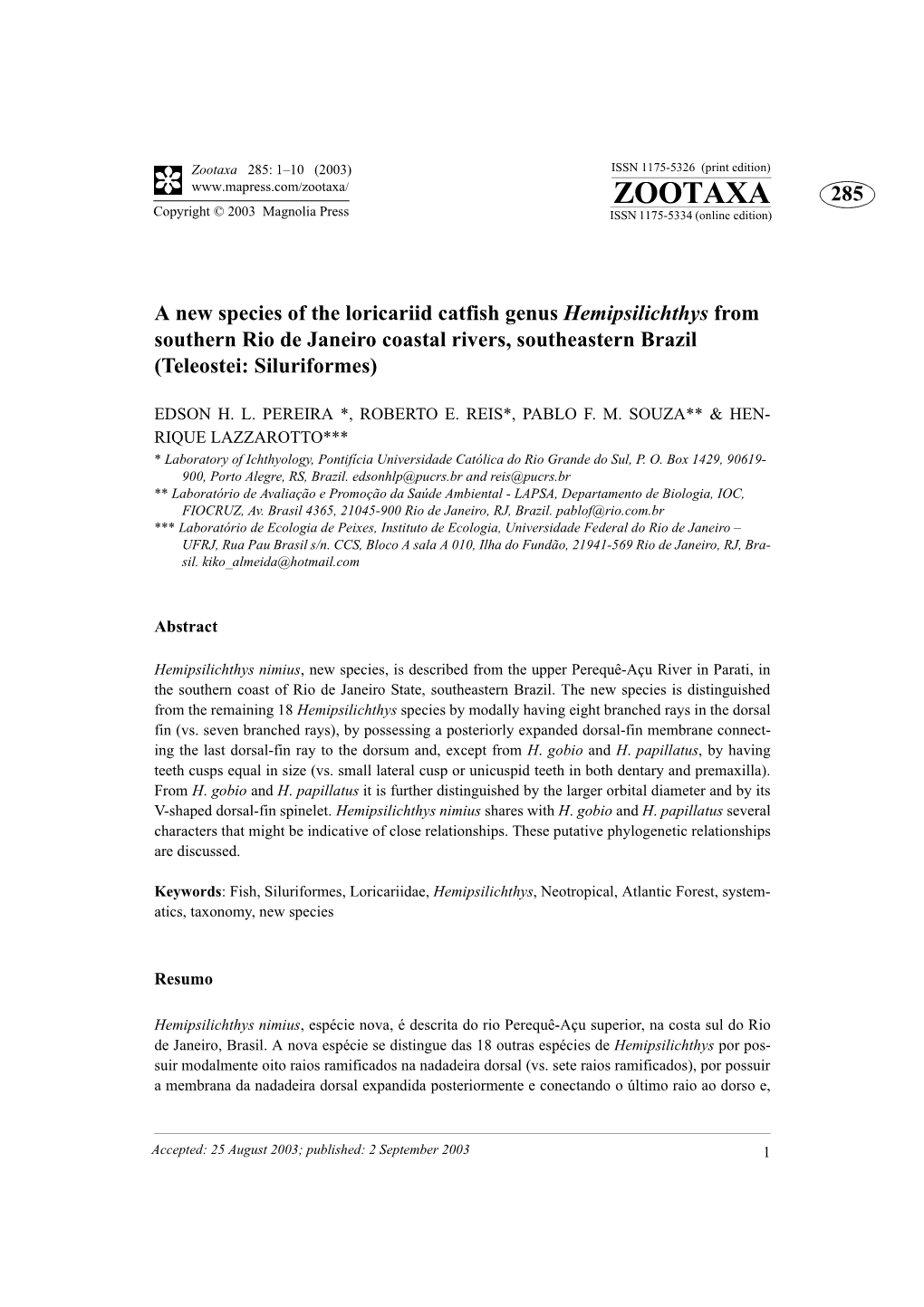 A New Species of the Loricariid Catfish Genus Hemipsilichthys from Southern Rio De Janeiro Coastal Rivers, Southeastern Brazil (Teleostei: Siluriformes)