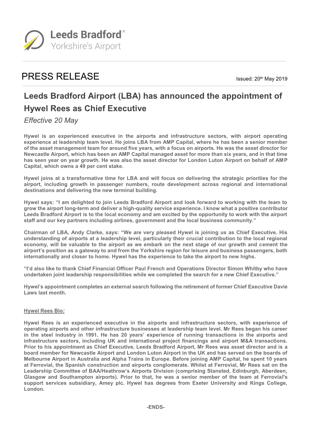 PRESS RELEASE Issued: 20Th May 2019