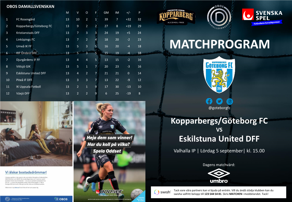 MATCHPROGRAM 6 KIF Örebro DFF 13 5 3 5 15 19 -4 18