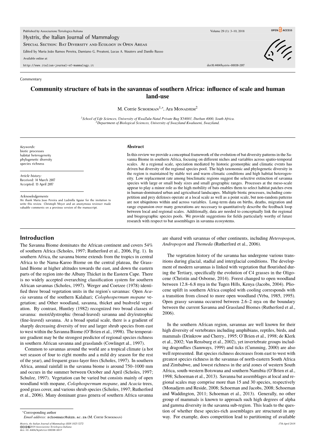 Community Structure of Bats in the Savannas of Southern Africa: Inﬂuence of Scale and Human Land-Use