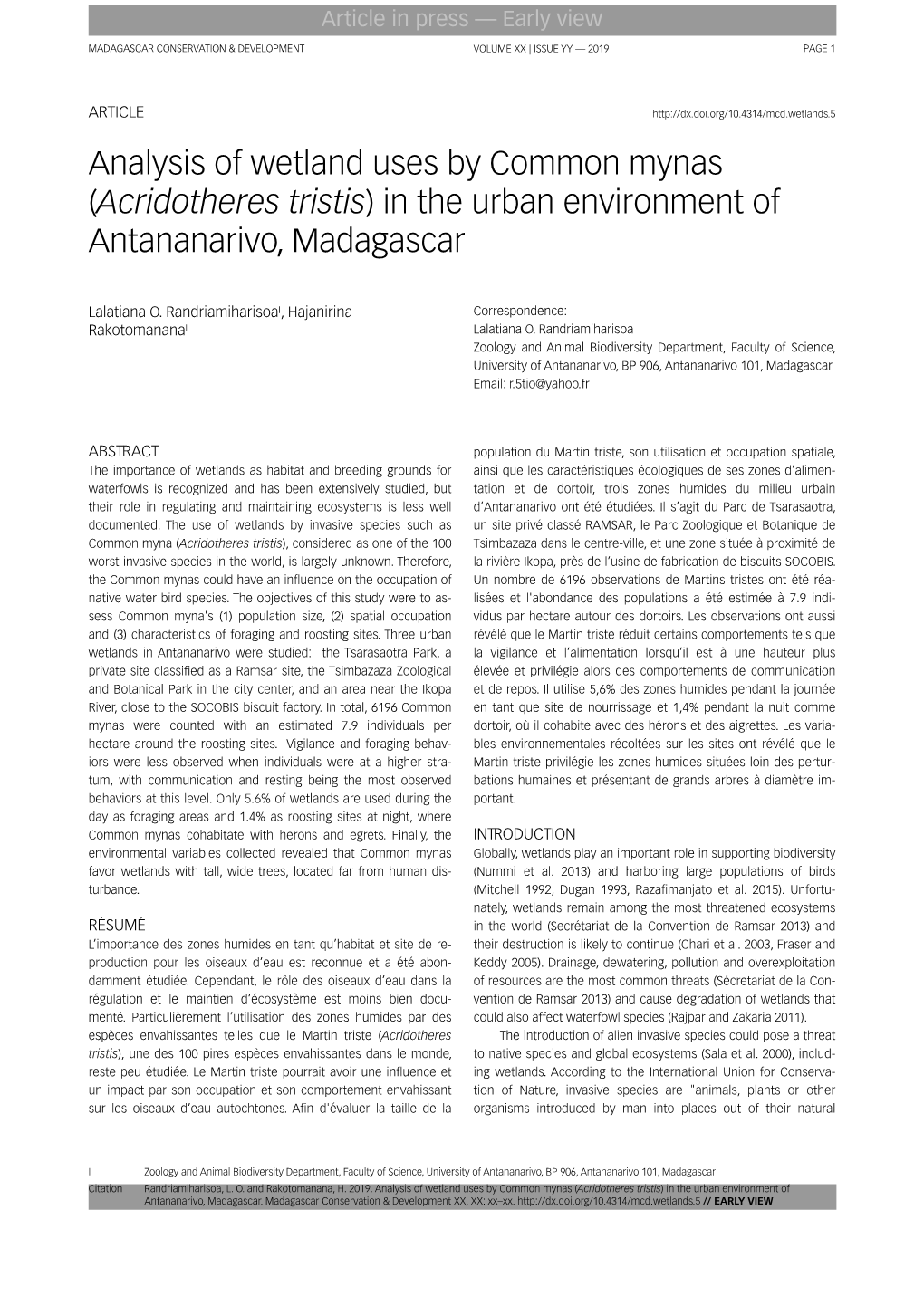 Analysis of Wetland Uses by Common Mynas (Acridotheres Tristis) in the Urban Environment of Antananarivo, Madagascar