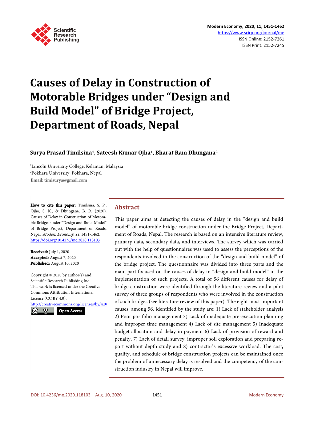 “Design and Build Model” of Bridge Project, Department of Roads, Nepal