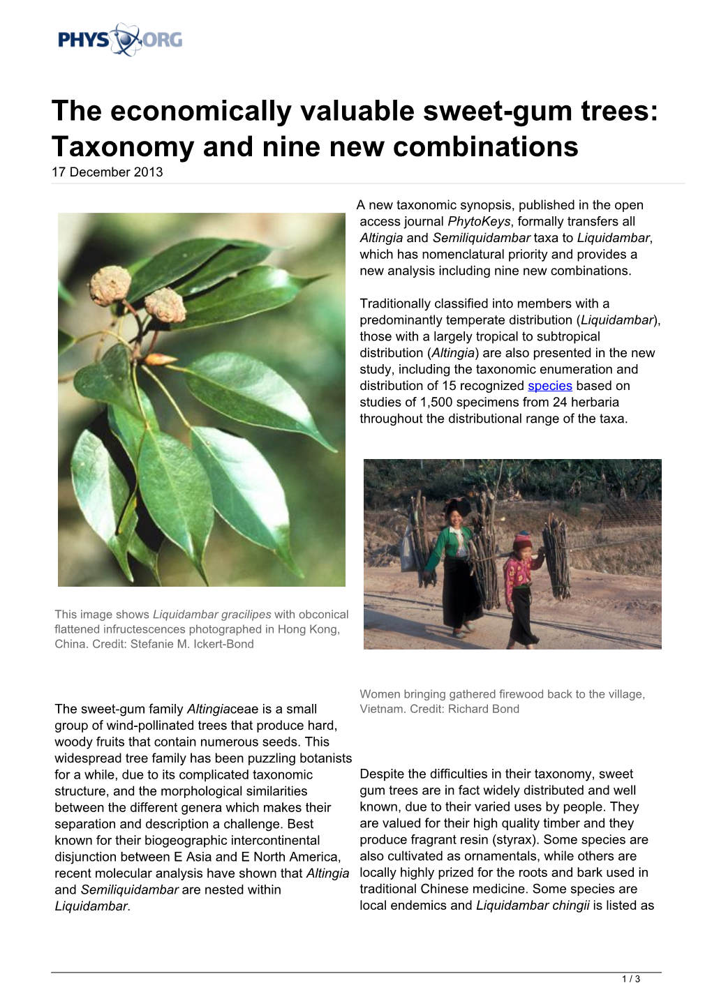 The Economically Valuable Sweet-Gum Trees: Taxonomy and Nine New Combinations 17 December 2013