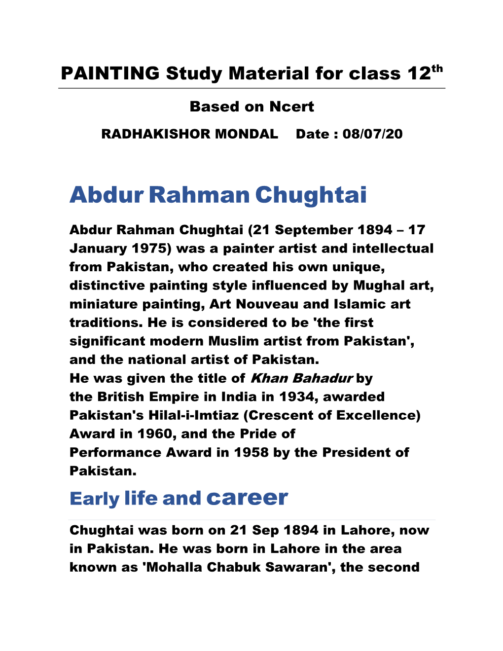 Abdur Rahman Chughtai Career