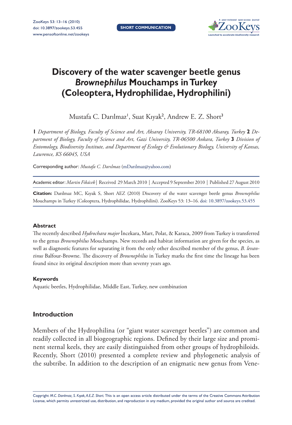 Discovery of the Water Scavenger Beetle Genus Brownephilus Mouchamps in Turkey (Coleoptera, Hydrophilidae, Hydrophilini)