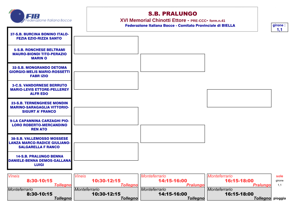 S.B. PRALUNGO XVI Memorial Chinotti Ettore - PRE-CCC- Form.N.41 Federazione Italiana Bocce - Comitato Provinciale Di BIELLA Girone : 1,1 37-S.B