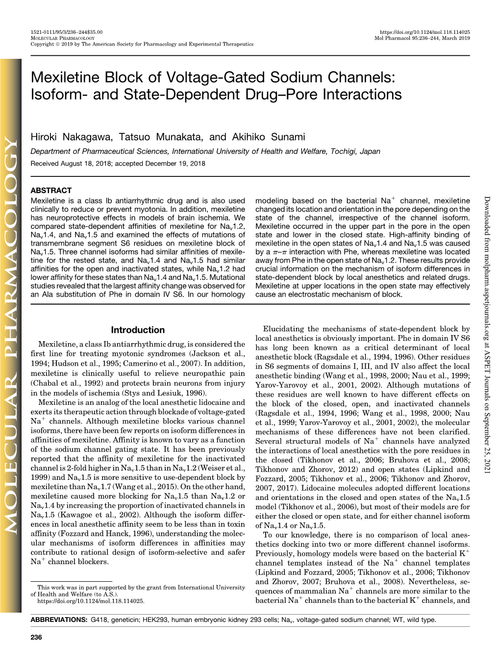 Mexiletine Block of Voltage-Gated Sodium Channels: Isoform- and State-Dependent Drug–Pore Interactions