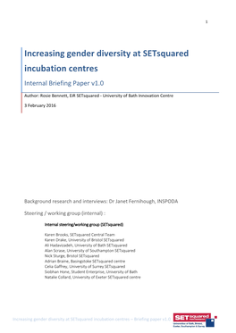 Increasing Gender Diversity at Setsquared Incubation Centres Internal Briefing Paper V1.0